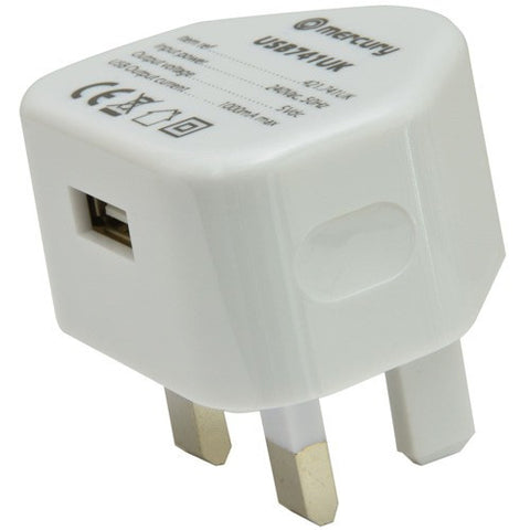 Mercury Compact USB Mains Plug Charger 1000mA White. 421.741UK